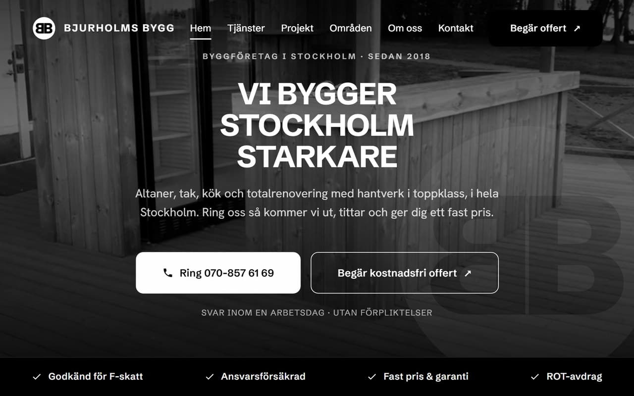 Förhandsvisning av Bjurholms Byggs hemsida