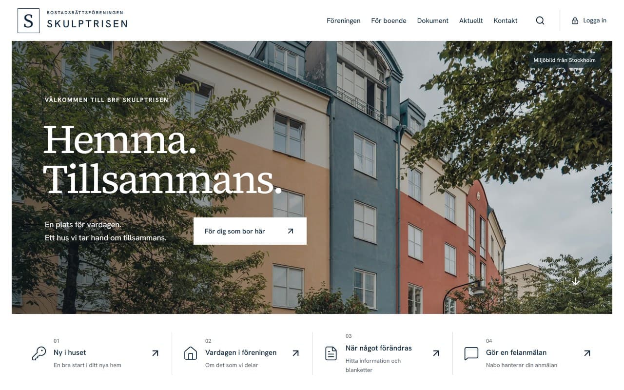 Förhandsvisning av BRF Skulptrisens hemsida