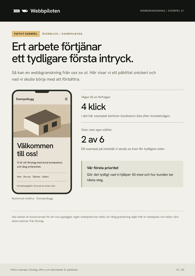 Fiktiv webbgranskning: mobilvy, illustrativa siffror och en första prioritet.