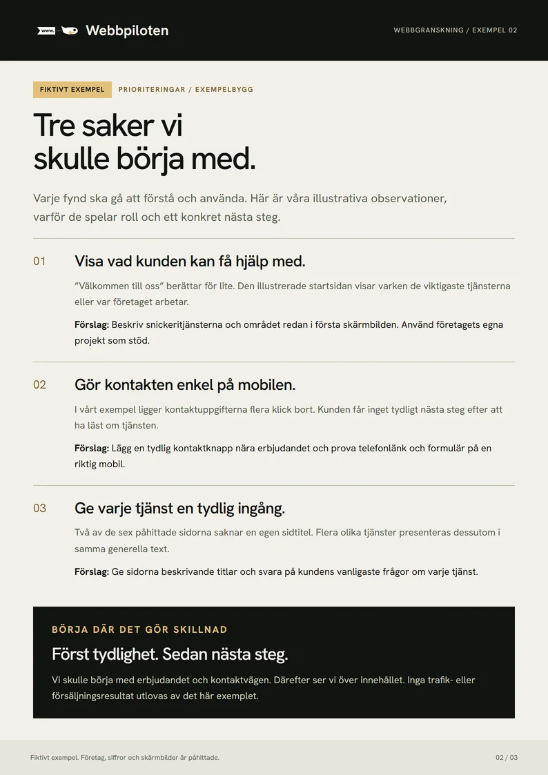 Fiktiv webbgranskning: tre konkreta förslag för tydlighet, kontakt och innehåll.